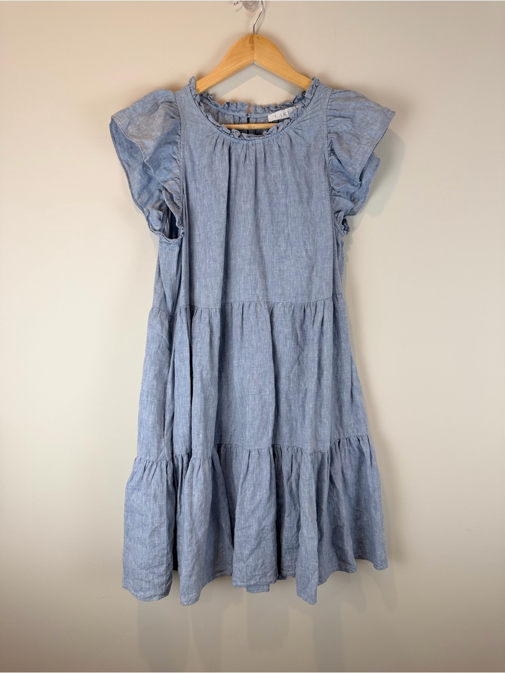 LAKE Light Blue Tiered Midi 100% Linen Dress with Ruffle Sleeves Size XXL